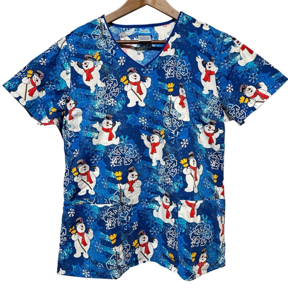 Frosty the Snowman Christmas Scrub Top Womens L Nurse Medical Holiday Uniform